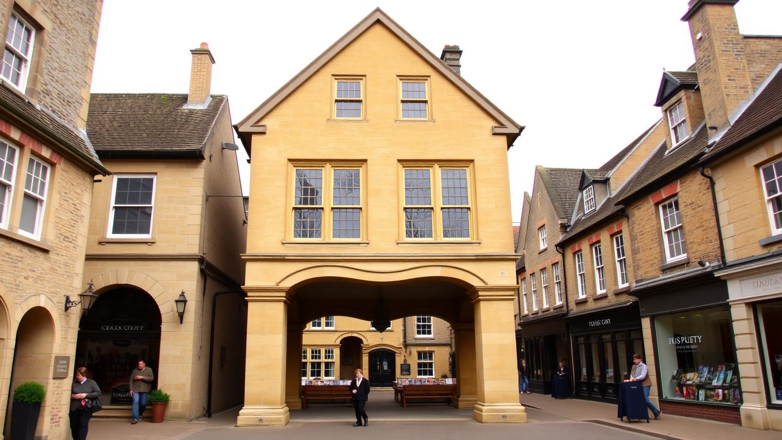 The 17th-century Old Town Hall in Faringdon, Oxfordshire, raised on honey-stone pillars above an open market floor.