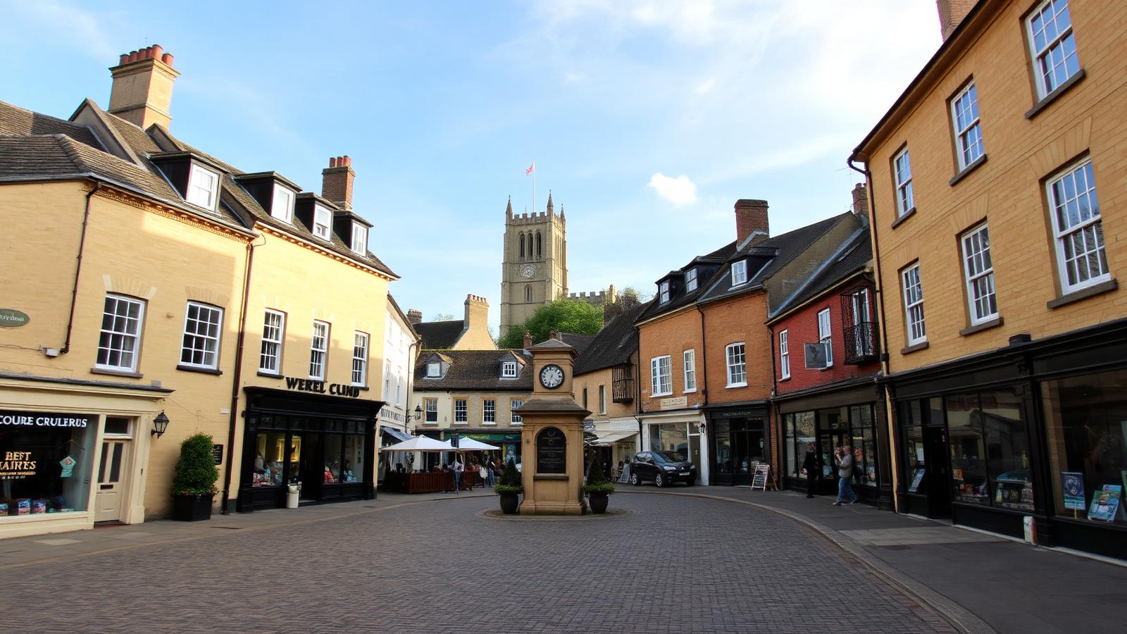 Highworth market square in Wiltshire, with honey-coloured Georgian buildings and the medieval church tower rising above the rooftops.