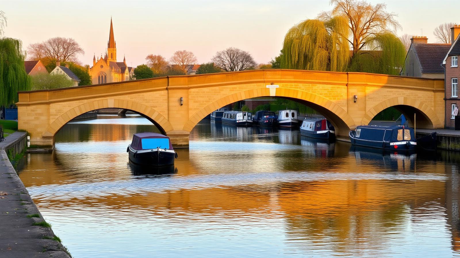The honey-stone Halfpenny Bridge over the River Thames at Lechlade, Gloucestershire, with moored narrowboats and St Lawrence's church spire.