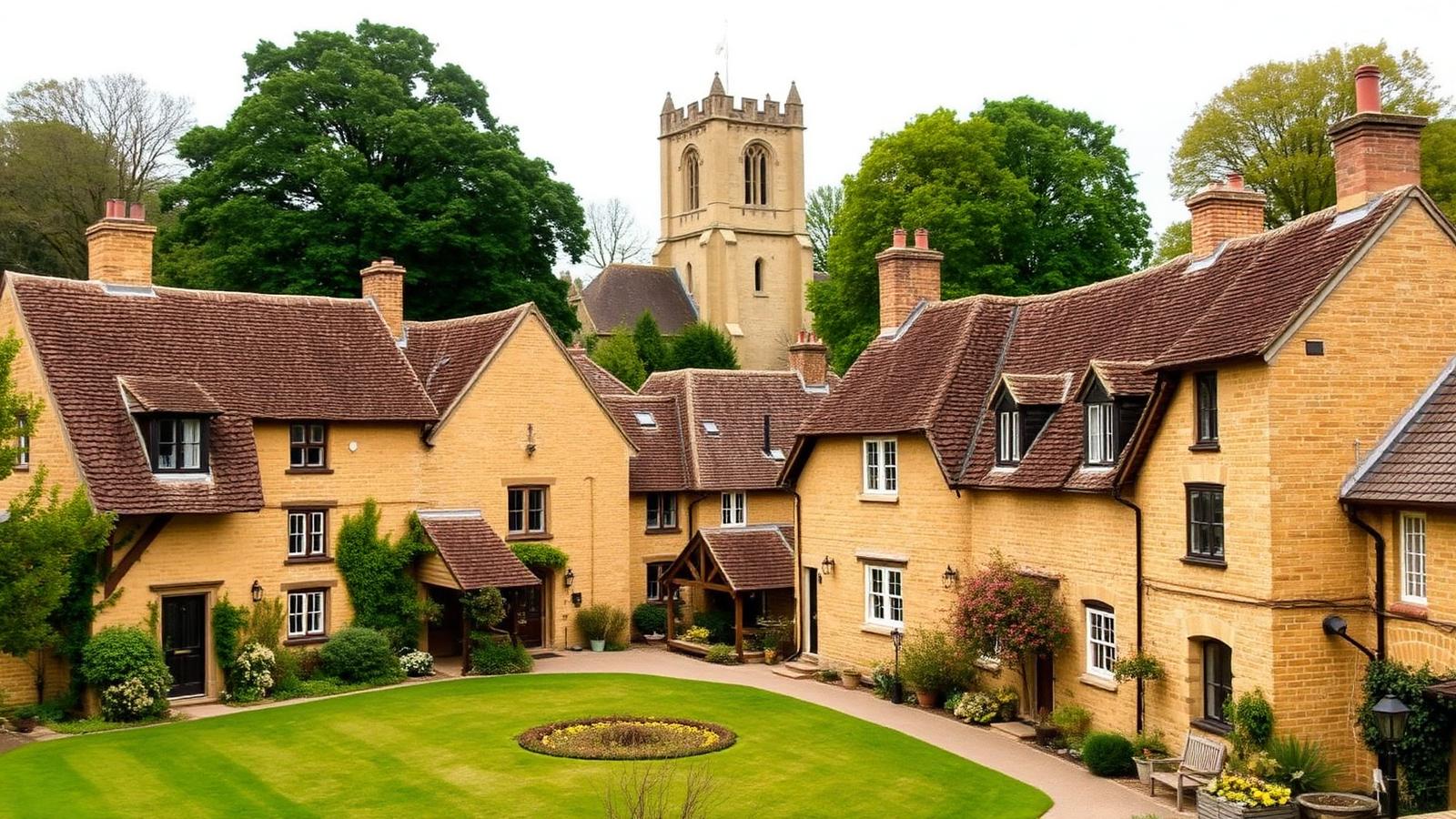 Traditional stone cottages around a village green in Shrivenham, Oxfordshire, with the medieval St Andrew's church tower behind.
