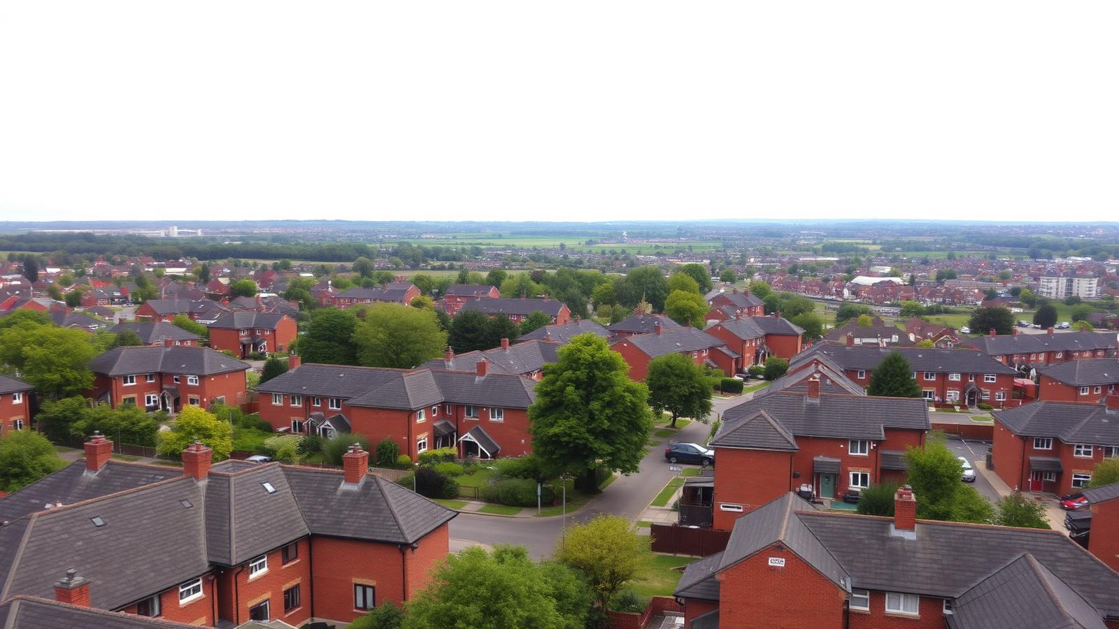 Aerial view of a Swindon residential neighbourhood in Wiltshire, with red-brick houses, slate roofs and tree-lined streets.